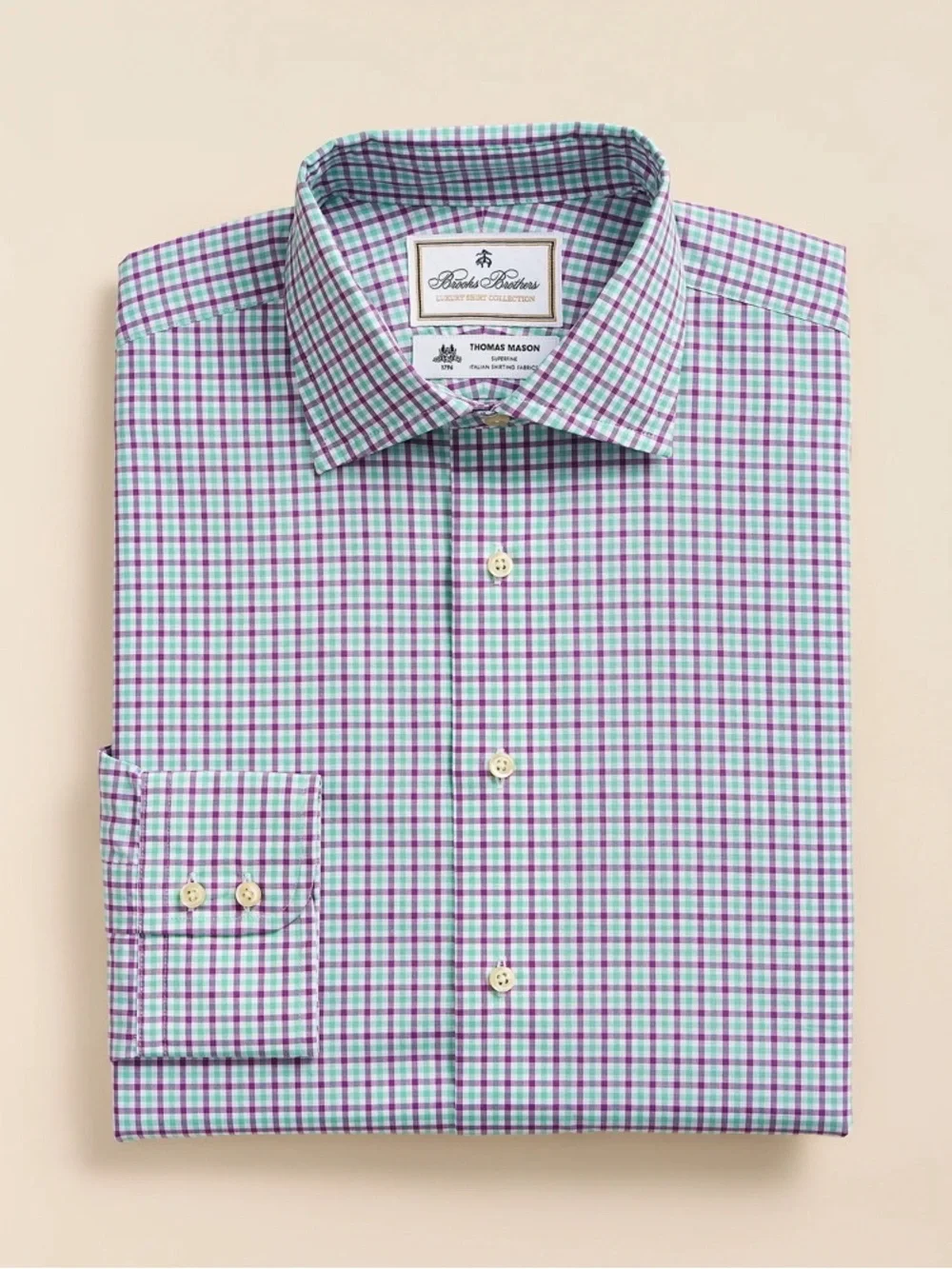 Brooks Brothers Thomas Mason Purple Green Check Dress Shirt NWT 17/33 Slim Fit